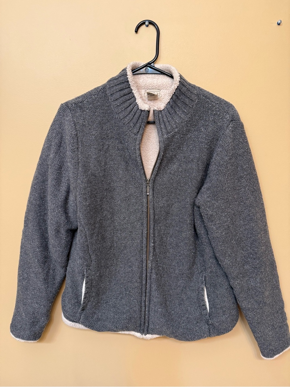 L.L.Bean Gray Knit Jacket with Cream Sherpa Lining